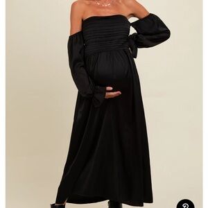 Maternity Black Off Shoulder Satin Pleated Bodice Maxi Dress. - medium